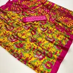 Yellow and pink contemporary printed satin saree