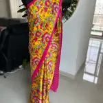 Yellow and pink contemporary printed satin saree