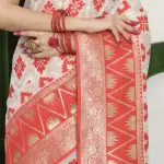 White & Red Linen Cotton Saree