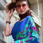 Blue and Neon Green satin crepe silk saree