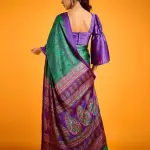 Peacock Blue And Green Satin Crepe Printed Saree