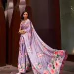 Light purple floral printed satin crepe silk saree