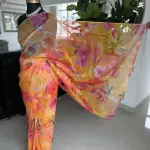 Orange Organza Saree With Floral Printed Work
