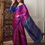 Carmine Pink And Blue Satin Crepe Printed Saree