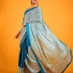 Teal satin crepe saree