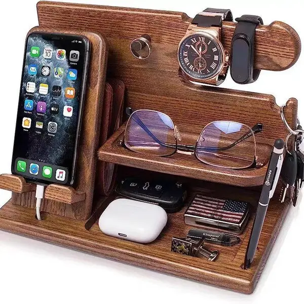 Solid Wood Mobile Phone Storage Rack, Home Watch and Earphone Organizer, Wooden Jewelry and Key Storage Rack