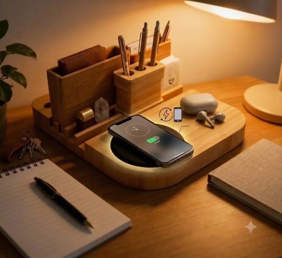 BambooNest™ Premium Wood Desk Organizer with Fast Wireless Charger