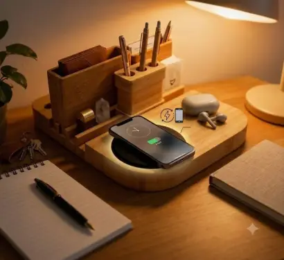 BambooNest™ Premium Wood Desk Organizer with Fast Wireless Charger