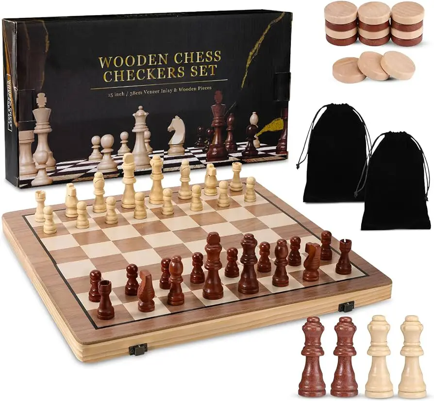 15" Wooden Chess Sets - Chess & Checkers Board Game For Pass