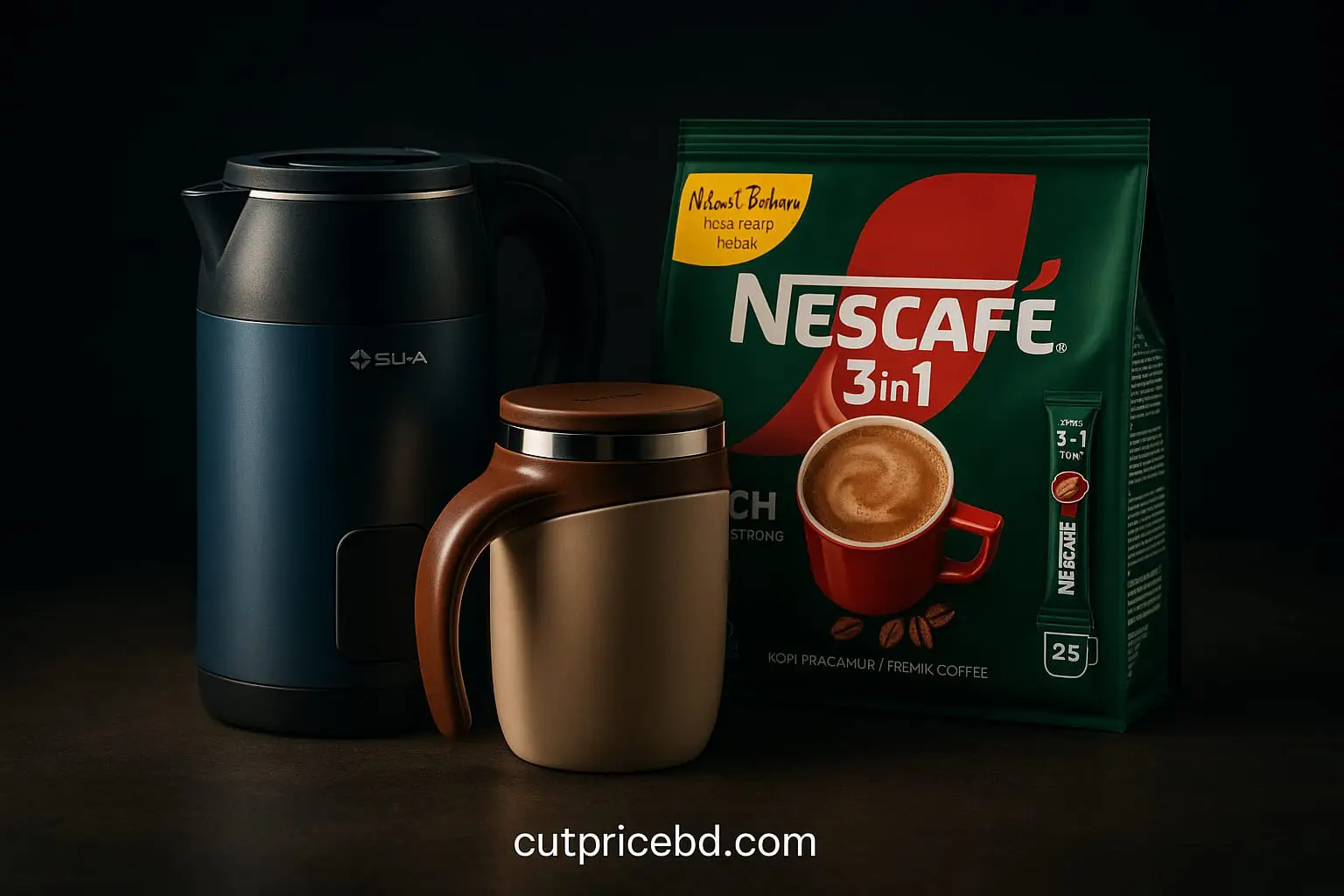 Bajaj AE22-T Electric Kettle 2.8L + Magnates Coffee Mug (Coffee Color) + Nescafe 3 in 1 Rich Instant Coffee 532g Combo Pack