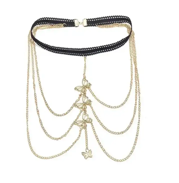 Fashionable Diamond Garden Bead Chain Body Chain Decorated with Sparkling Diamond Pendant Tassel Necklace Chest Chain Fashionable Women's European and American Trendy Chain