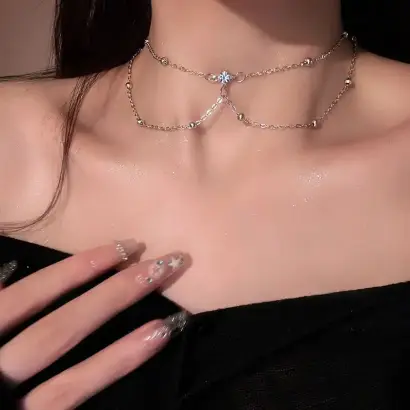 Fashionable Diamond Garden Bead Chain Body Chain Decorated with Sparkling Diamond Pendant Tassel Necklace Chest Chain Fashionable Women's European and American Trendy Chain