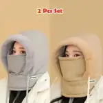 2 Pcs Set Khaki and Ash Color Winter Thick Warm Windproof Hat with Ear Flaps